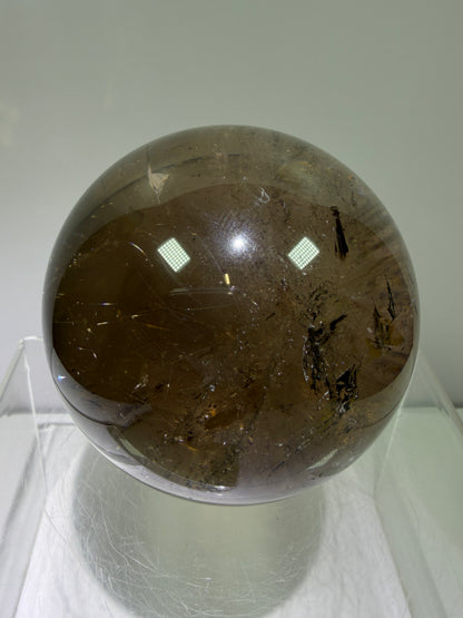 Rutile Quartz Sphere. 70mm. Large Smoky Quartz With Rare Golden Rutile Inclusions. Nice Quality Display