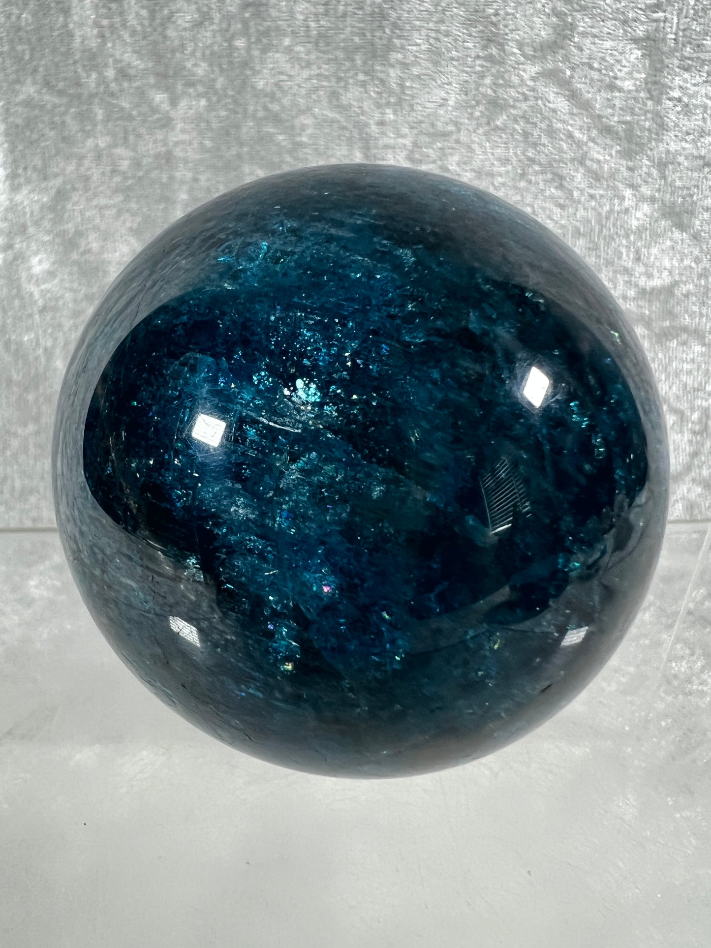 Blue Apatite Crystal Sphere. 66mm. Gorgeous Bright Blue With Lots Of Iridescent Flash. High Quality Display Sphere