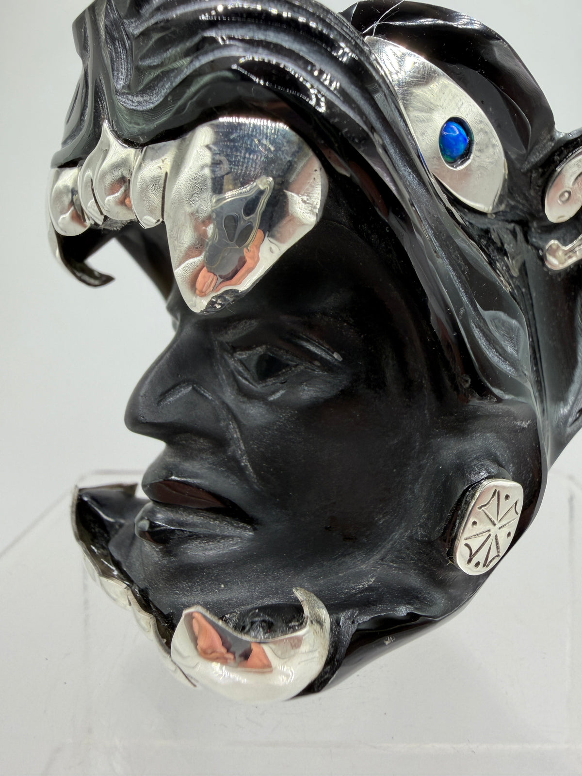 Carved Jaguar Warrior Head. Gorgeous Hand Carved Obsidian Aztec Art. One Of A Kind Obsidian, Silver, And Opal Collectors Item.