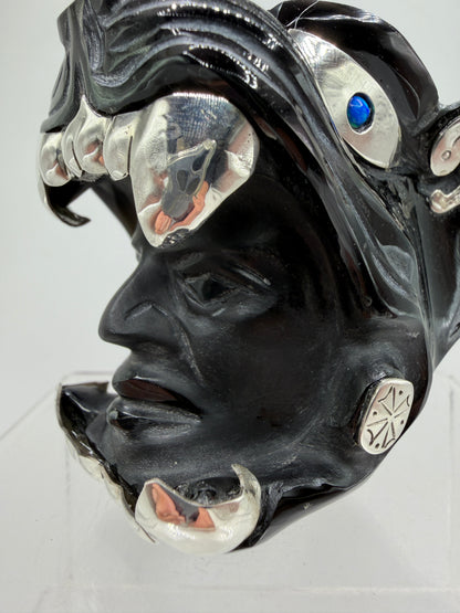 Carved Jaguar Warrior Head. Gorgeous Hand Carved Obsidian Aztec Art. One Of A Kind Obsidian, Silver, And Opal Collectors Item.