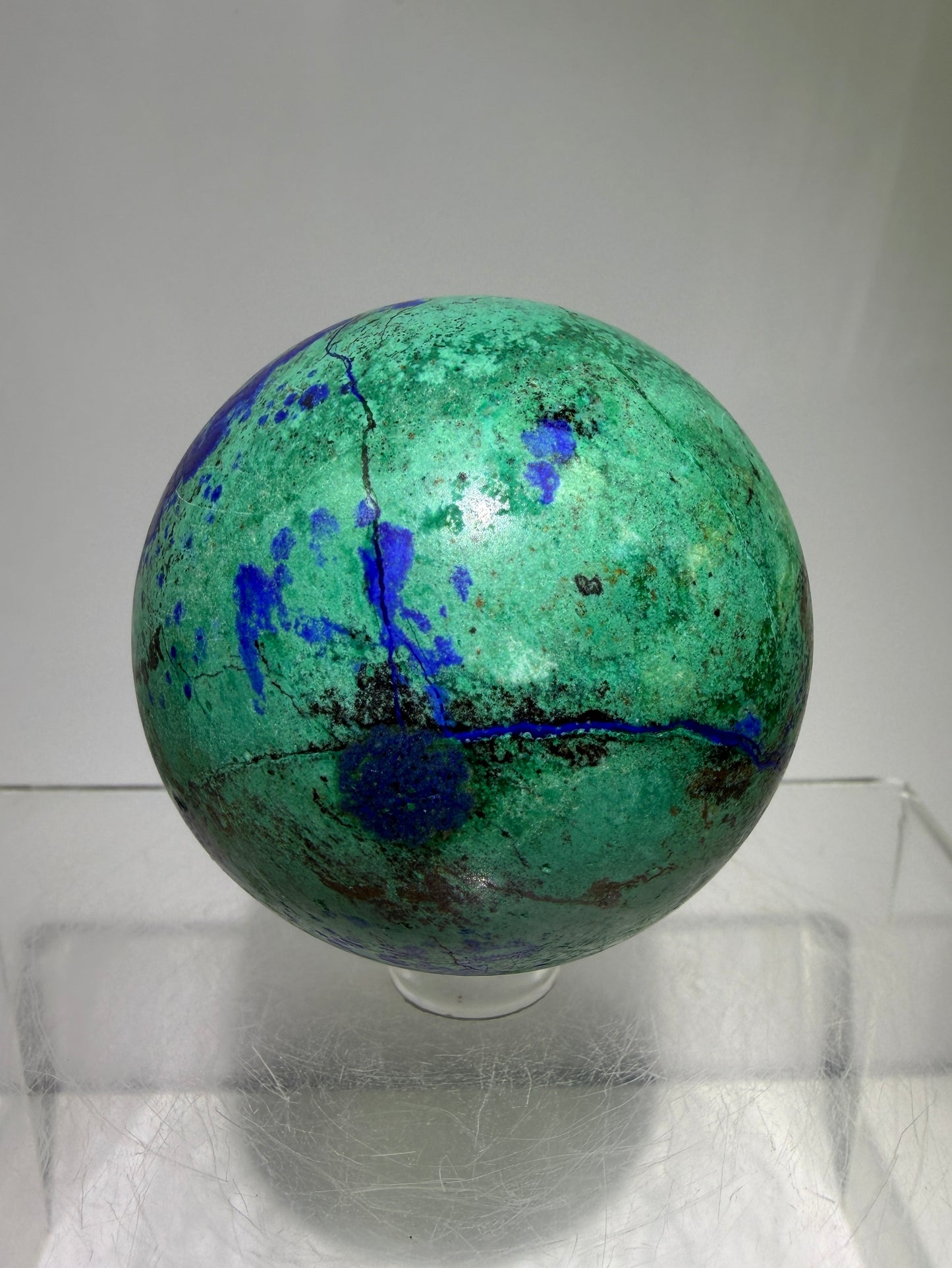 Azurite and Malachite Crystal Sphere. 56mm. Beautiful Deep Colors And Patterns. Stunning Rare Display Piece!
