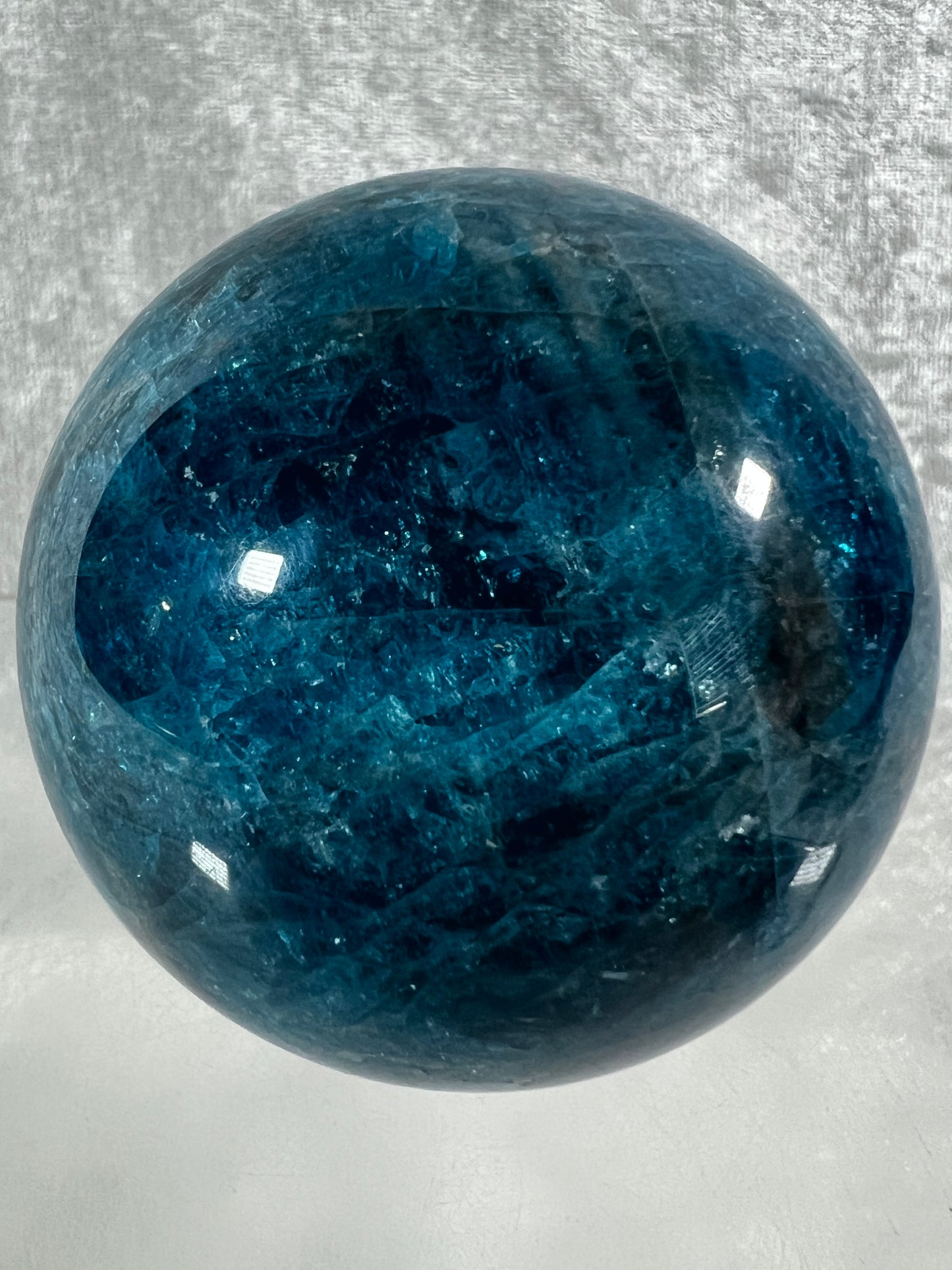 Blue Apatite Crystal Sphere. 60mm. Gorgeous Deep Blue With Lots Of Iridescent Flash. High Quality Display Sphere