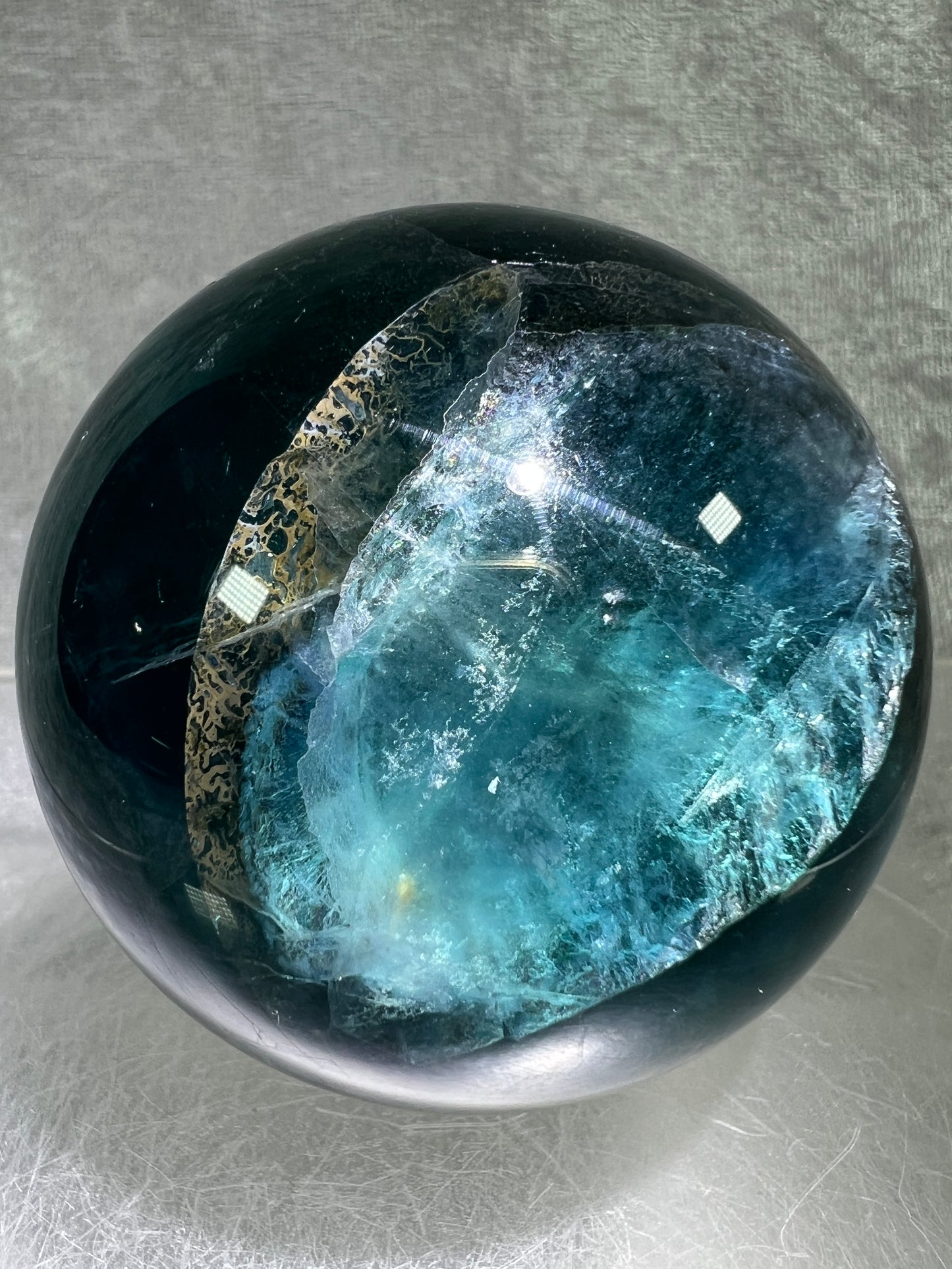 Blue Fluorite Sphere. 61mm. Gorgeous Rare Blue Fluorite. Amazing Dendritic And Rainbow Inclusions.