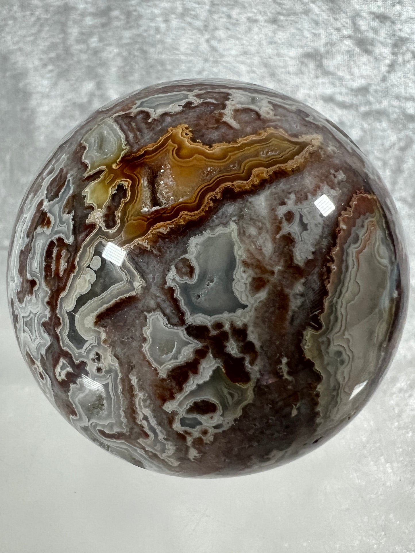 Mexican Crazy Lace Agate Sphere. Gorgeous High Quality With Amazing Druzy And Patterns. Rare Shades Of Pink.