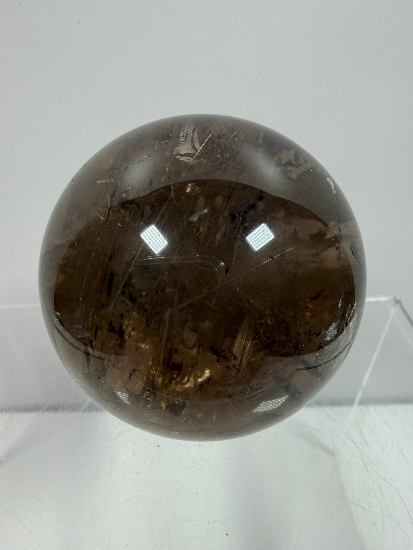 Rutile Quartz Sphere. 47mm. Unique Smoky Quartz With Stunning Golden Rutile Inclusions.