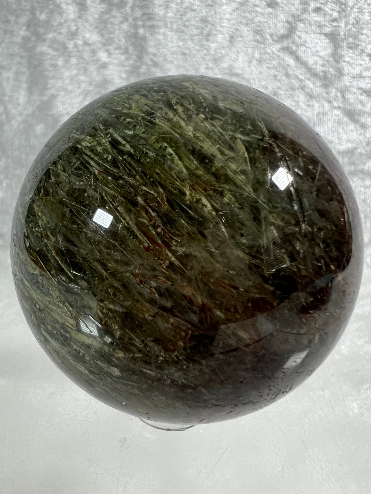 Tourmalinated Quartz Sphere. 57mm. Gorgeous Green And Red Tourmaline Inclusions. High Quality Rare Display Sphere.