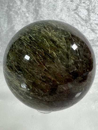 Tourmalinated Quartz Sphere. 57mm. Gorgeous Green And Red Tourmaline Inclusions. High Quality Rare Display Sphere.
