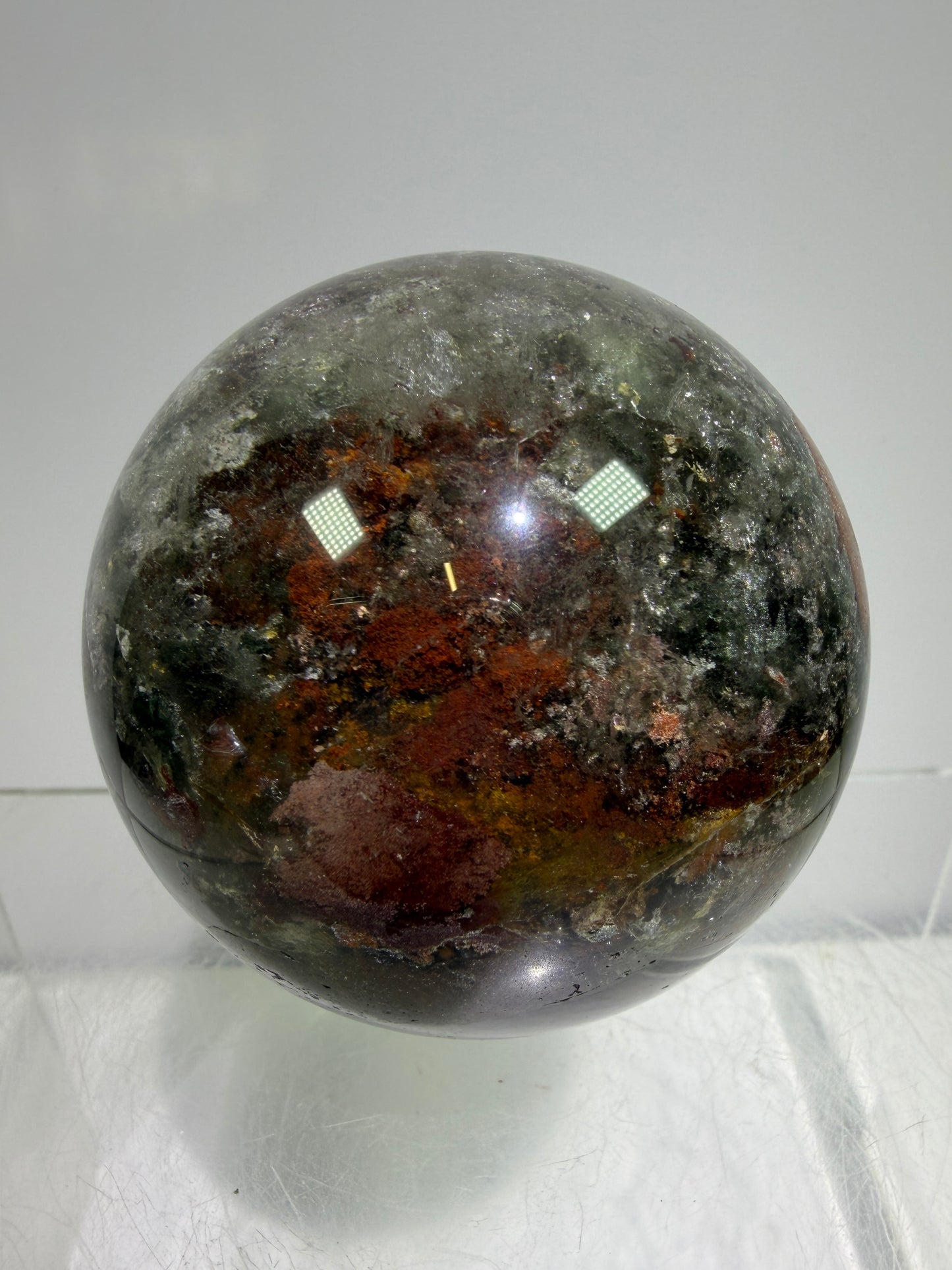Garden Quartz Lodolite Sphere. 57mm. Orange And Red Colorful Landscape. High Quality With Rare Colors!