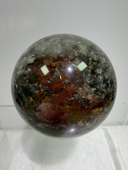 Garden Quartz Lodolite Sphere. 57mm. Orange And Red Colorful Landscape. High Quality With Rare Colors!
