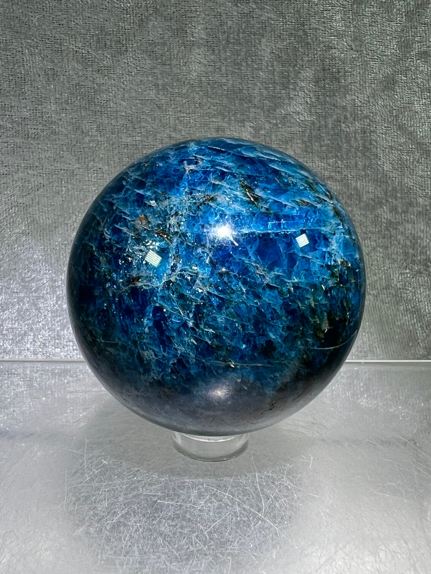 Blue Apatite Crystal Sphere. 58mm. Stunning Deep Blue With Lots Of Iridescent Flash. High Quality Display Sphere