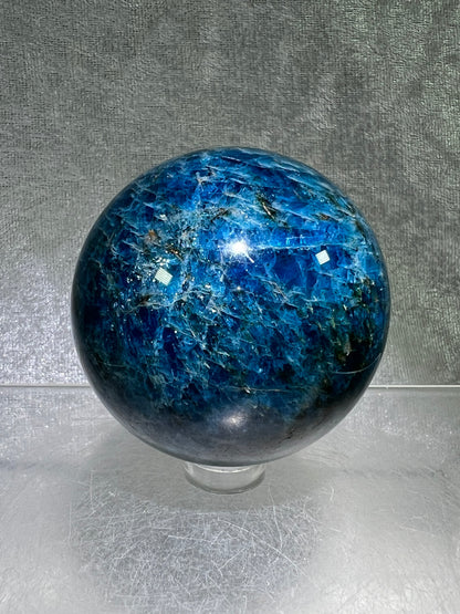 Blue Apatite Crystal Sphere. 58mm. Stunning Deep Blue With Lots Of Iridescent Flash. High Quality Display Sphere