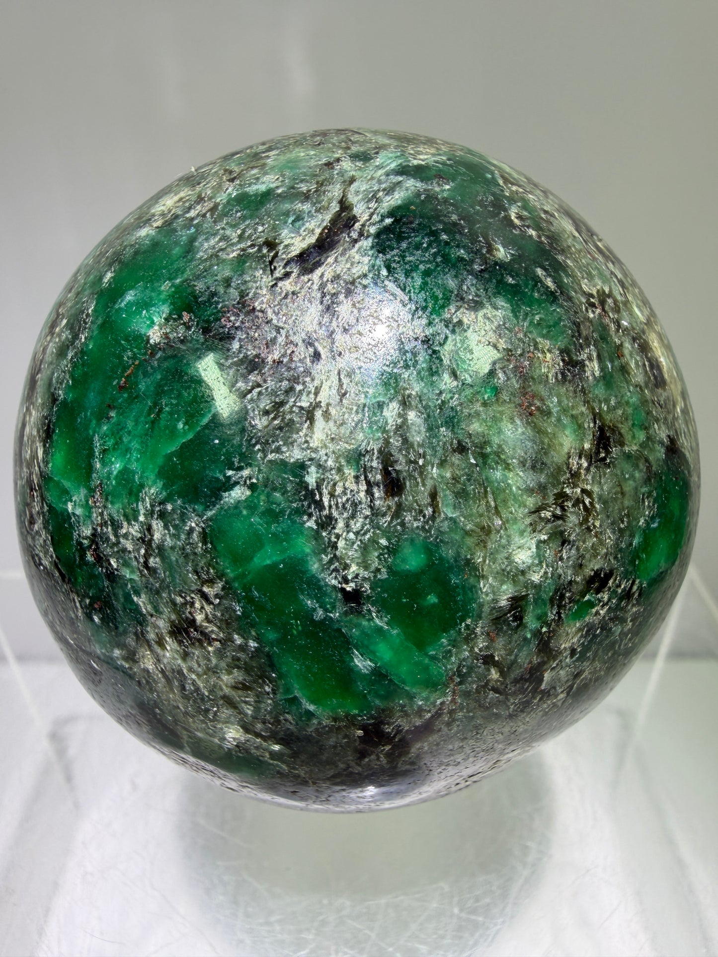Emerald Mica In Matrix Crystal Sphere. 64mm. Gorgeous Chrome Muscovite From Zimbabwe. Amazing One Of A Kind Rare Display Crystal