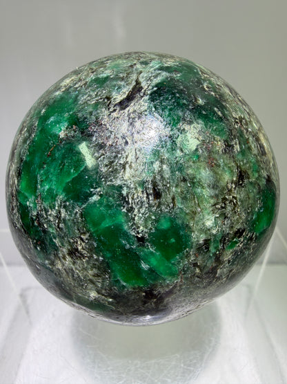 Emerald Mica In Matrix Crystal Sphere. 64mm. Gorgeous Chrome Muscovite From Zimbabwe. Amazing One Of A Kind Rare Display Crystal