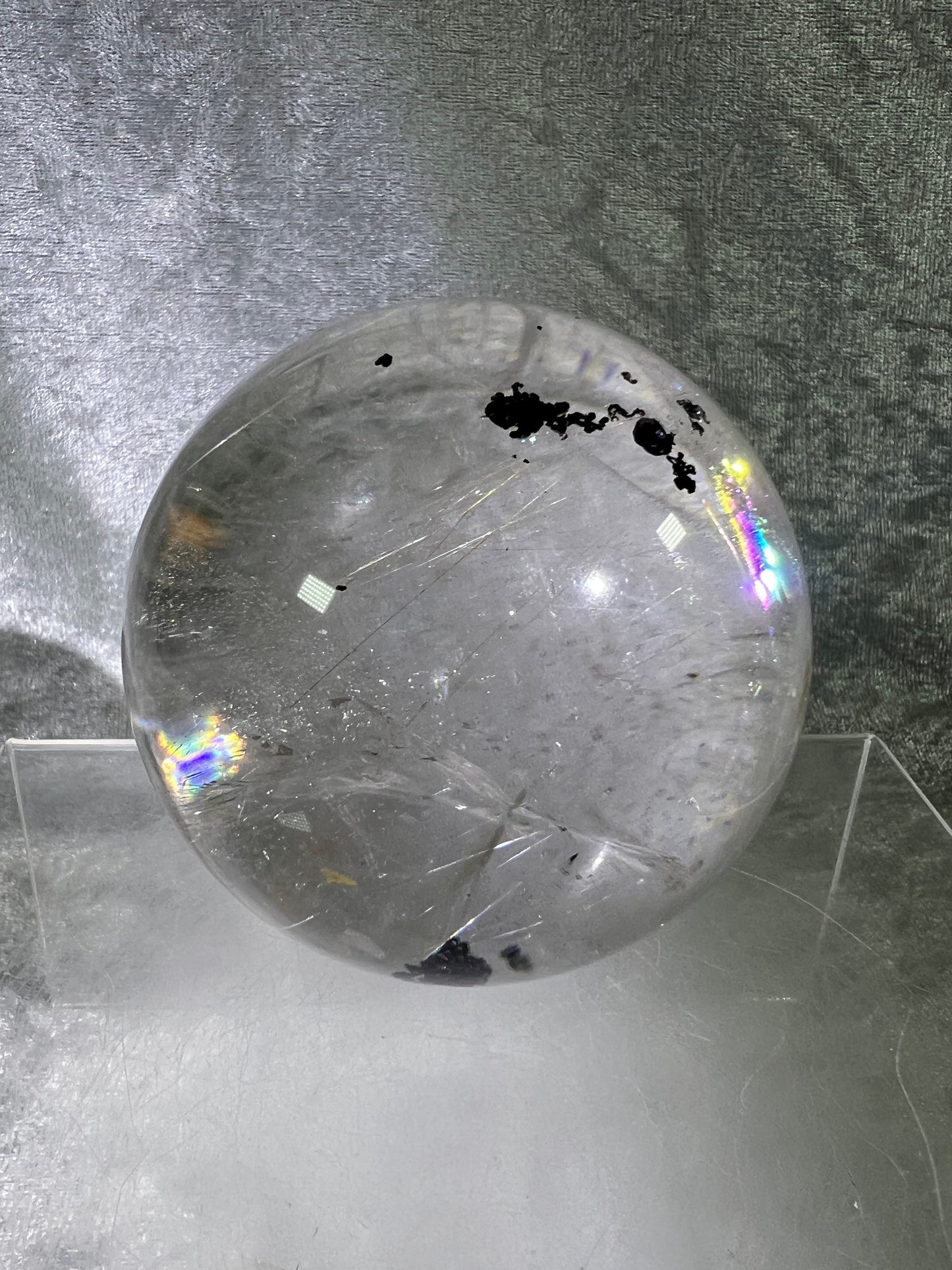 Rutile Quartz Sphere. 75mm. Large High Quality Display Sphere. Gorgeous Garden Quartz, Big Rainbows, And Golden Rutile Inclusions.