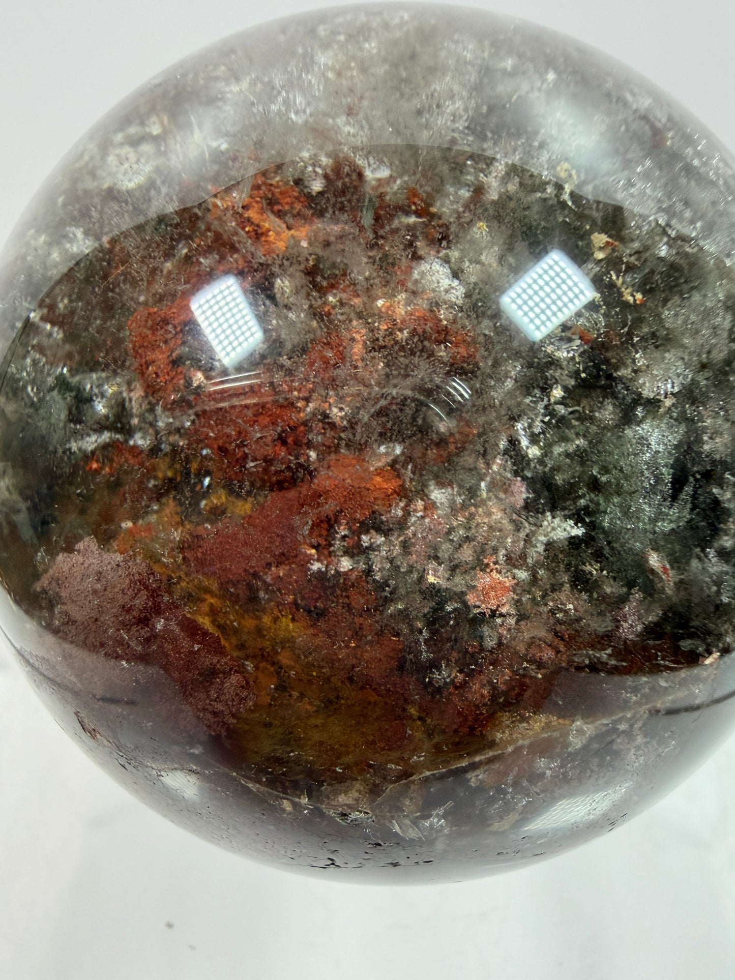 Garden Quartz Lodolite Sphere. 57mm. Orange And Red Colorful Landscape. High Quality With Rare Colors!