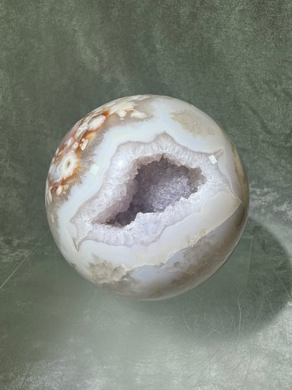 Flower Agate Sphere. 90mm. Beautiful Druzy On This Large Centerpiece. Amazing One Of A Kind Display Sphere.
