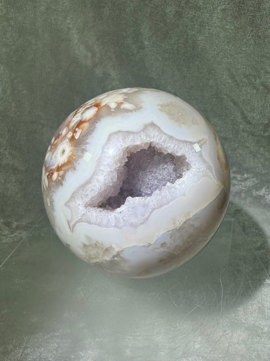 Flower Agate Sphere. 90mm. Beautiful Druzy On This Large Centerpiece. Amazing One Of A Kind Display Sphere.