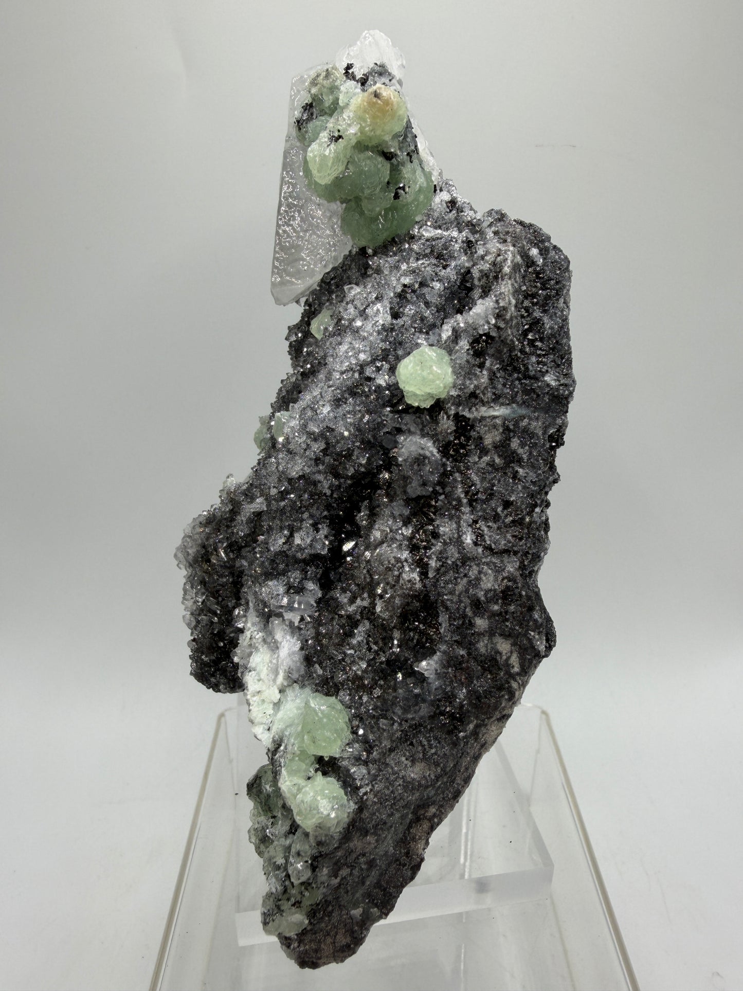 Rare Babingtonite, Prehnite, And Calcite Cluster. High Quality Mineral Specimen From Sichuan Province China. Amazing Rare Display Crystal.