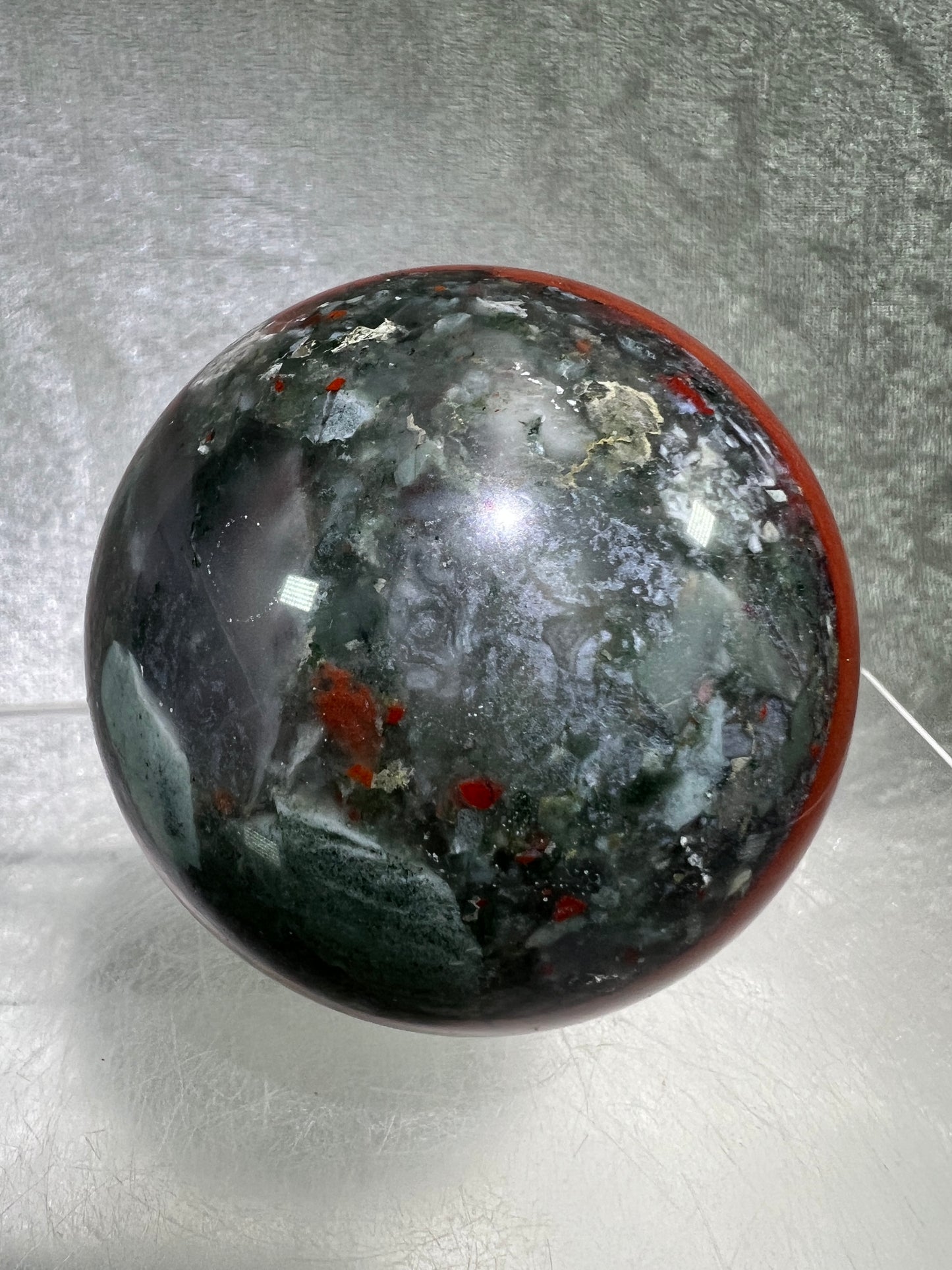 African Bloodstone Sphere From Swaziland. 63mm. Gorgeous Pyrite And Red Jasper Inclusions With Crazy Mosaic Patterns And Colors.