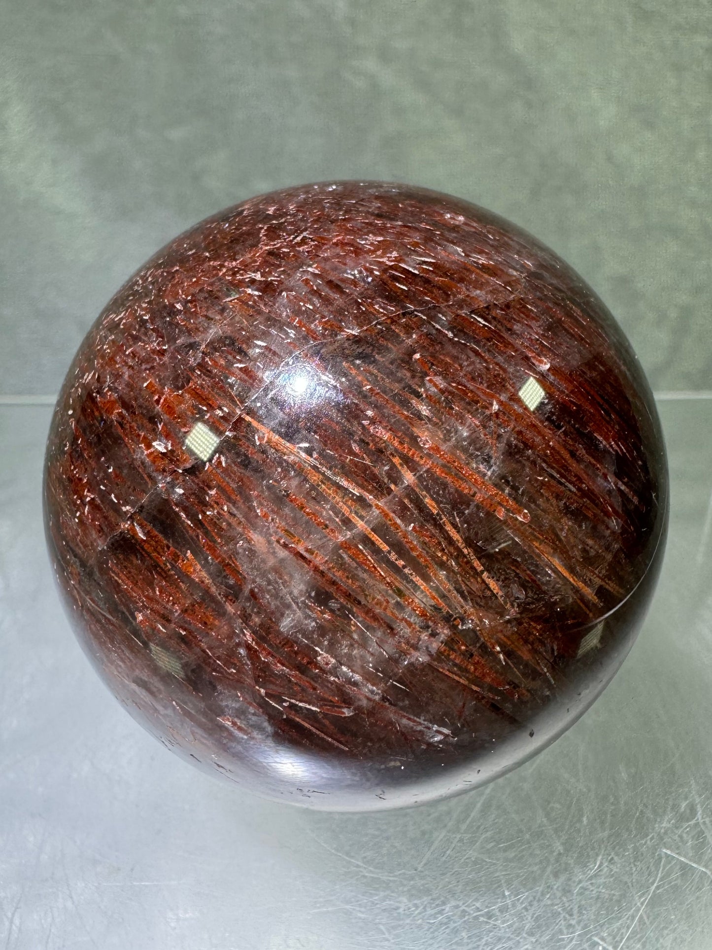 Tourmalinated Quartz Sphere. 54mm. Gorgeous Red Tourmaline Inclusions. Unique And Rare Display Sphere.