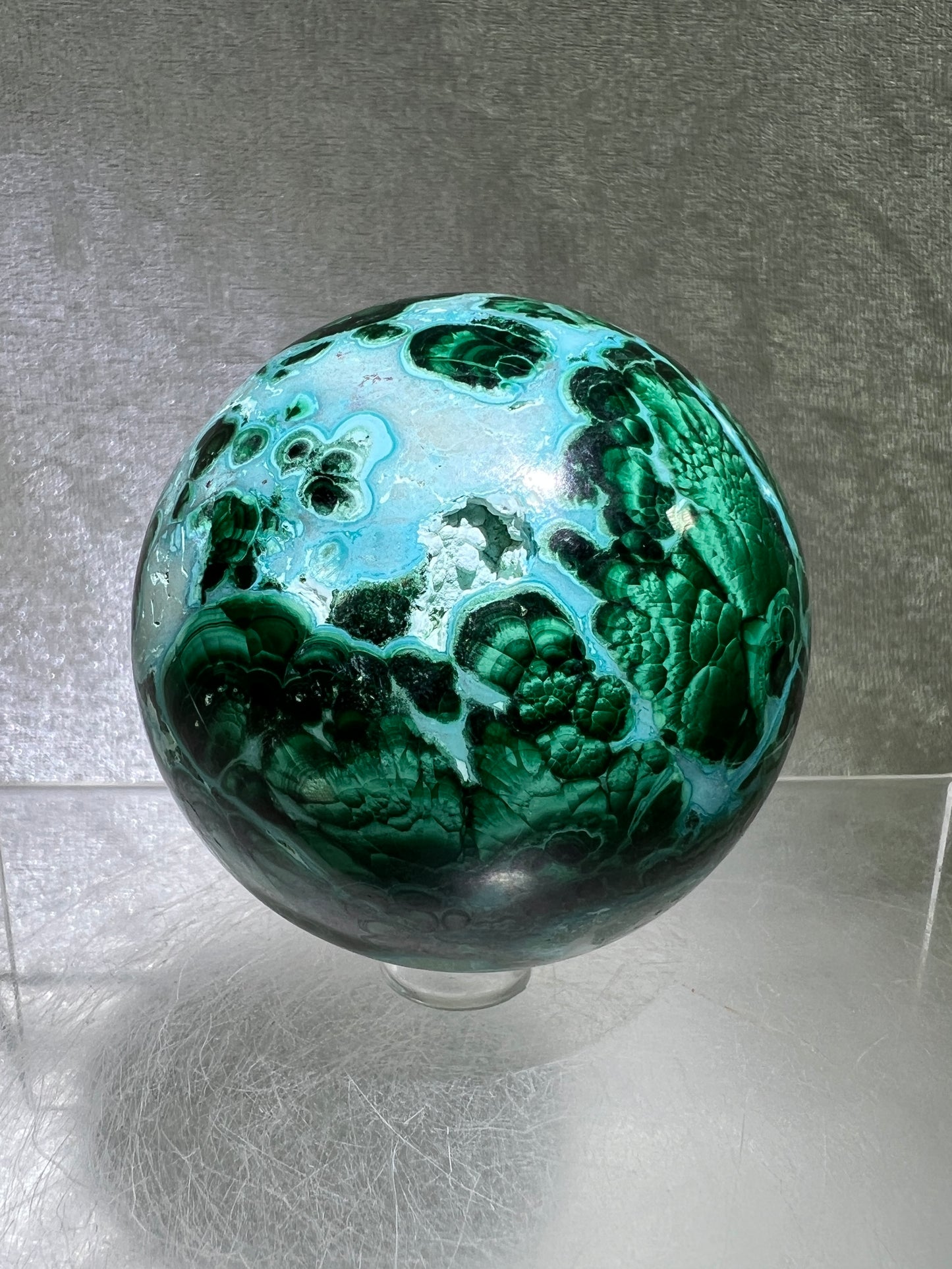 Malachite And Druzy Chrysocolla Sphere. 65mm. Gorgeous Rare Collectors Piece. Amazing Patterns With Vibrant Colors.
