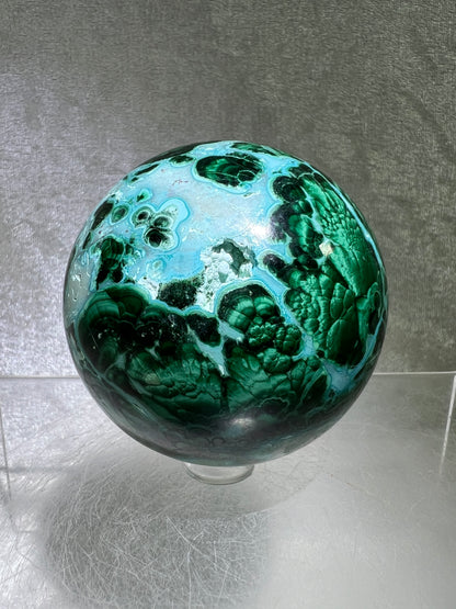 Malachite And Druzy Chrysocolla Sphere. 65mm. Gorgeous Rare Collectors Piece. Amazing Patterns With Vibrant Colors.