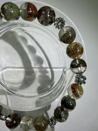 Garden Quartz Crystal Bead Bracelet. Incredible Lodolite Bracelet. 9.5mm. Amazing Flower Spacers.