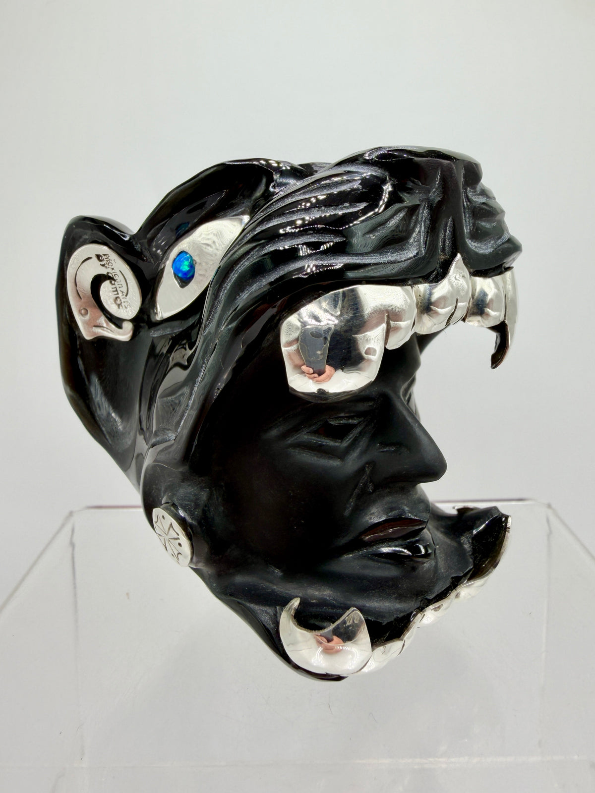 Carved Jaguar Warrior Head. Gorgeous Hand Carved Obsidian Aztec Art. One Of A Kind Obsidian, Silver, And Opal Collectors Item.