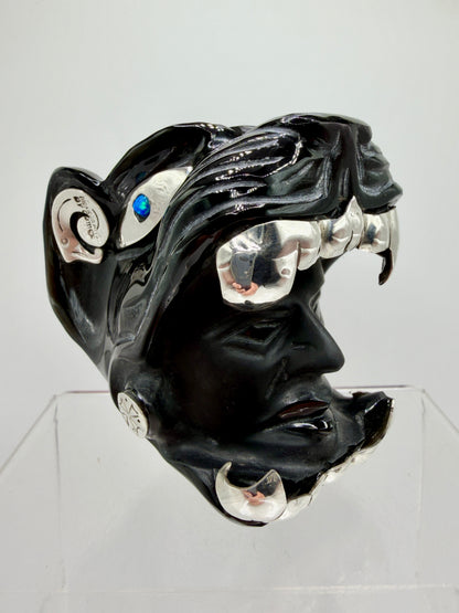 Carved Jaguar Warrior Head. Gorgeous Hand Carved Obsidian Aztec Art. One Of A Kind Obsidian, Silver, And Opal Collectors Item.