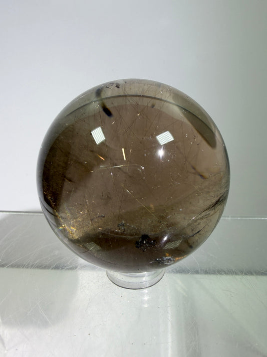 Rutile Quartz Sphere. 46mm. Unique Smoky Quartz With Stunning Golden Rutile Inclusions.