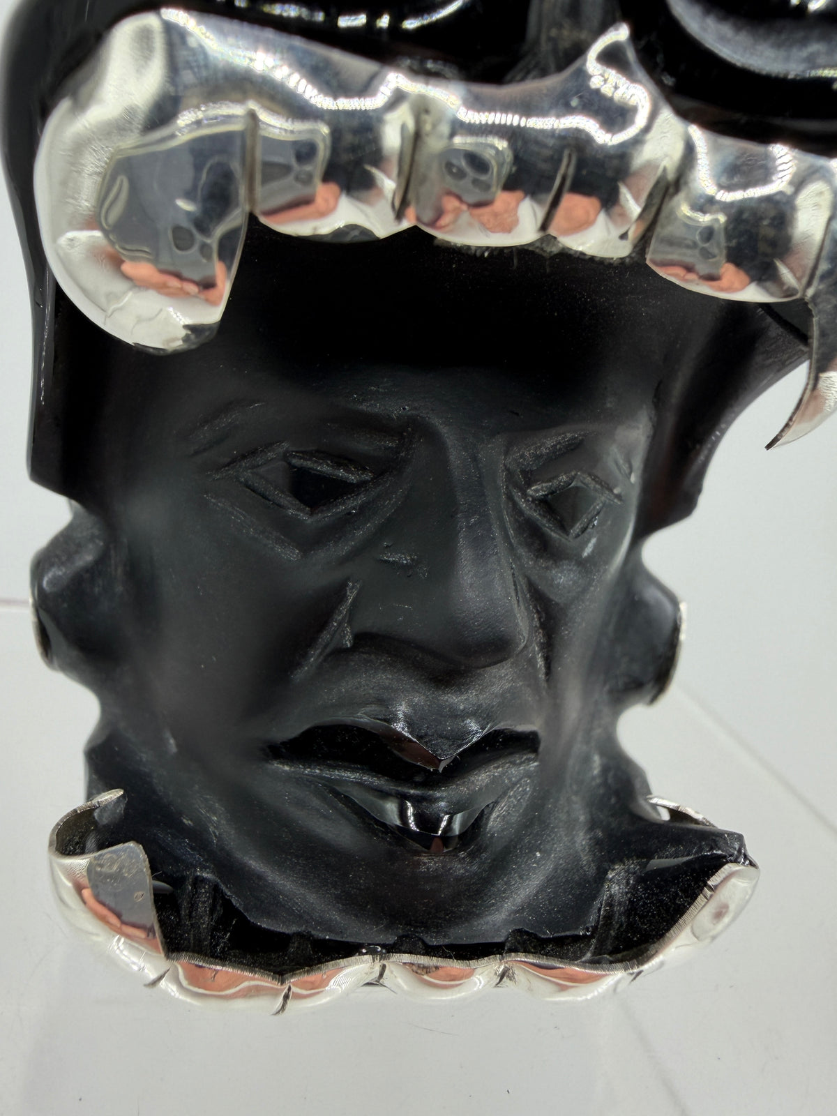 Carved Jaguar Warrior Head. Gorgeous Hand Carved Obsidian Aztec Art. One Of A Kind Obsidian, Silver, And Opal Collectors Item.