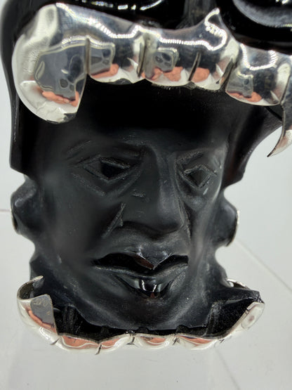 Carved Jaguar Warrior Head. Gorgeous Hand Carved Obsidian Aztec Art. One Of A Kind Obsidian, Silver, And Opal Collectors Item.
