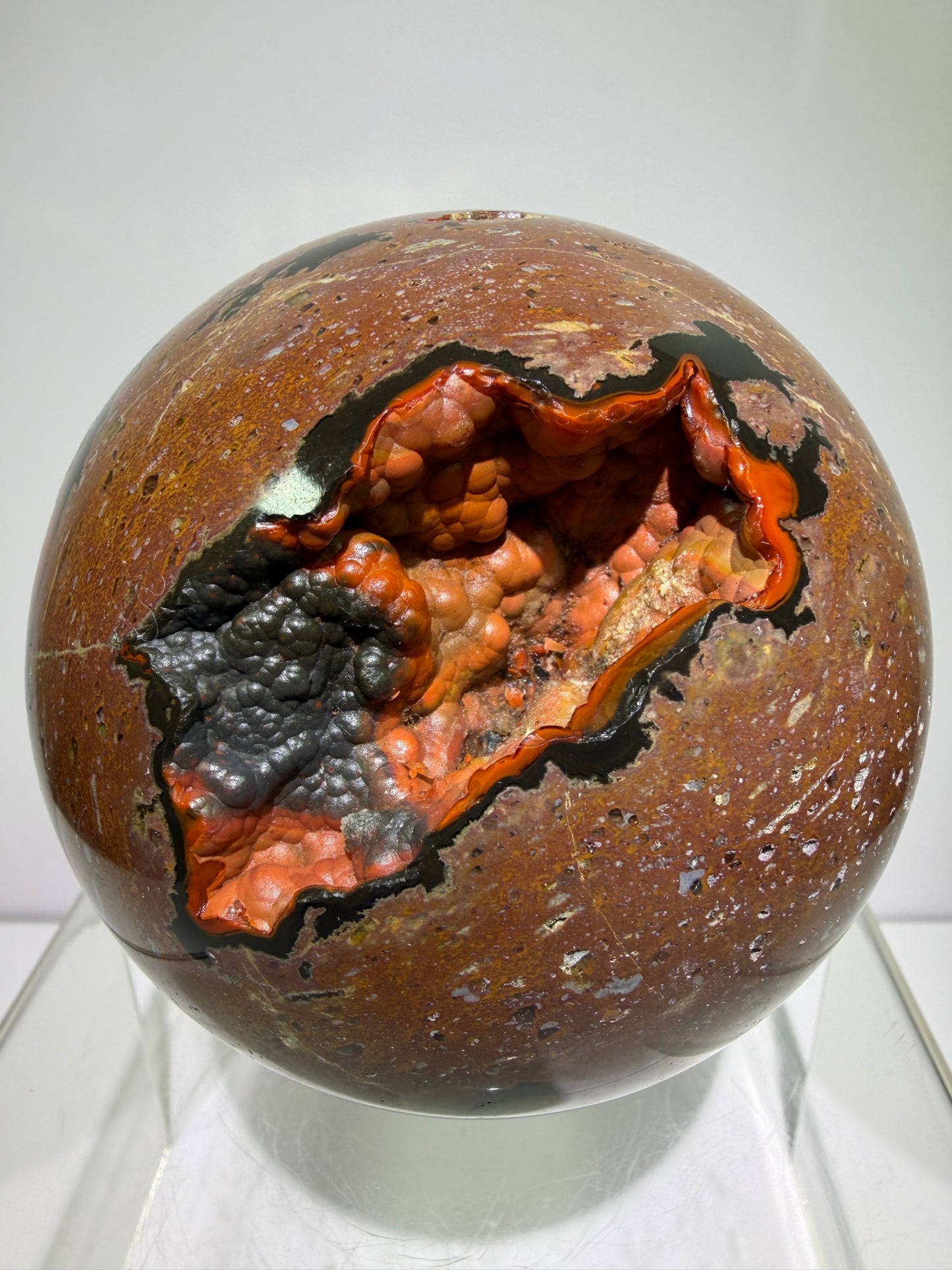 Red Fox Agate Sphere. 89mm. Large Druzy Crater Agate From Argentina. Stunning Rare Botryoidal Nodules
