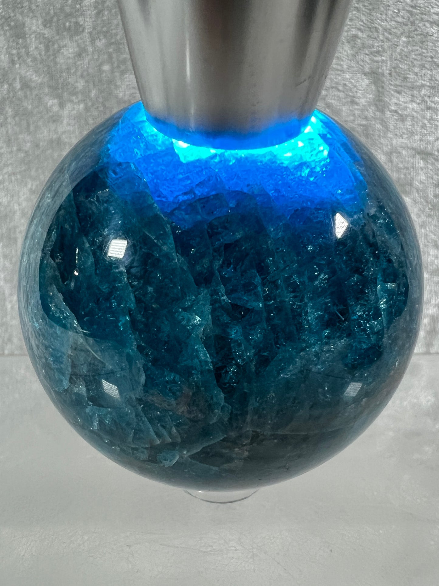 Blue Apatite Crystal Sphere. 60mm. Gorgeous Deep Blue With Lots Of Iridescent Flash. High Quality Display Sphere