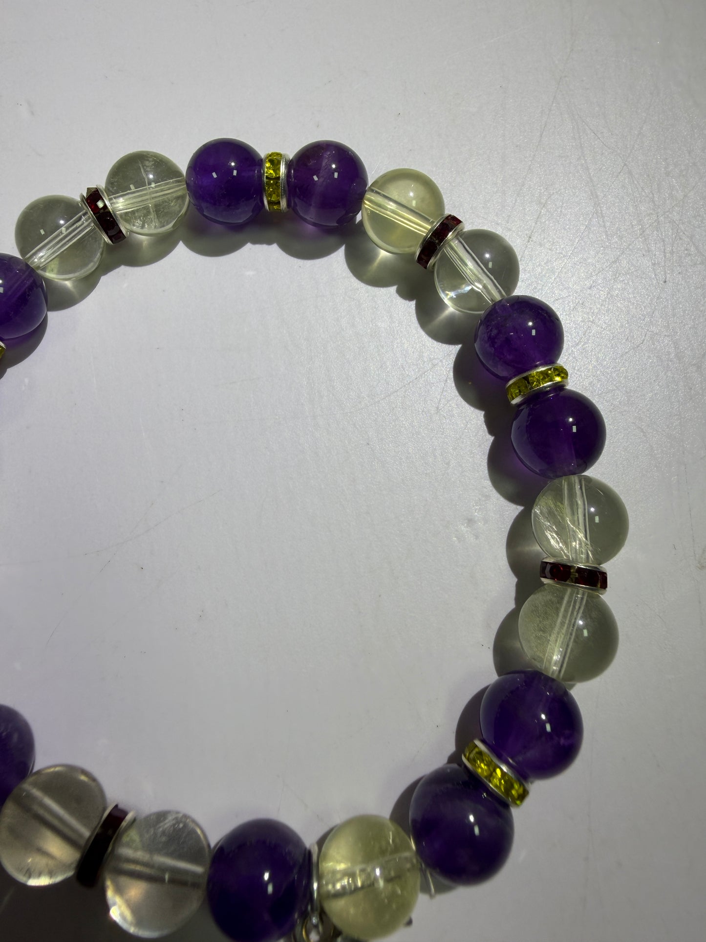 Amethyst And Citrine Crystal Bead Bracelet. 8mm. High Quality Bracelet With Amazing Spacers And Moon Charm.