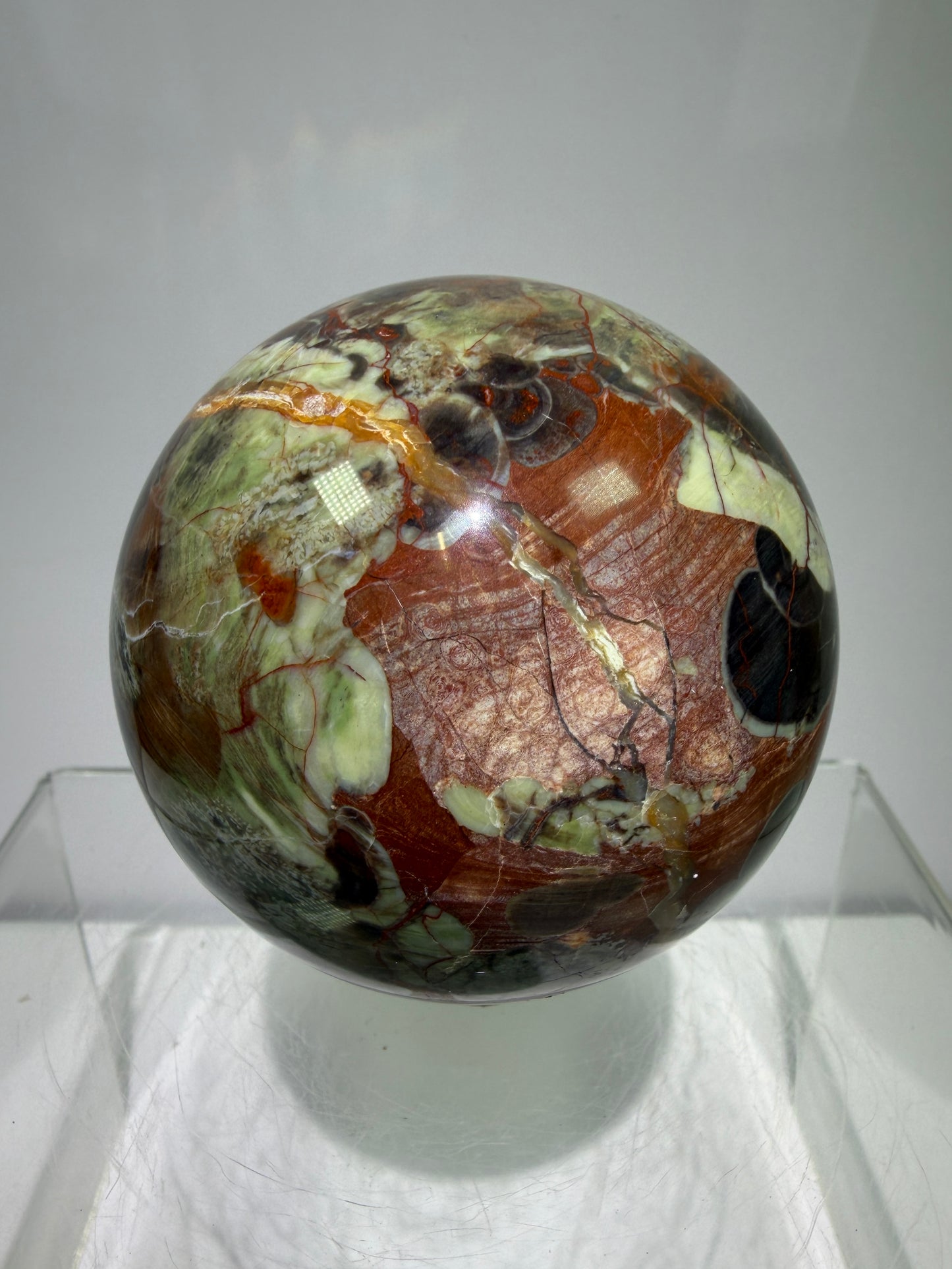 Money Agate Crystal Sphere. 65mm. Very Rare Shades Of Green. Stunning Indonesian Bloodstone. Amazing Colors And Patterns