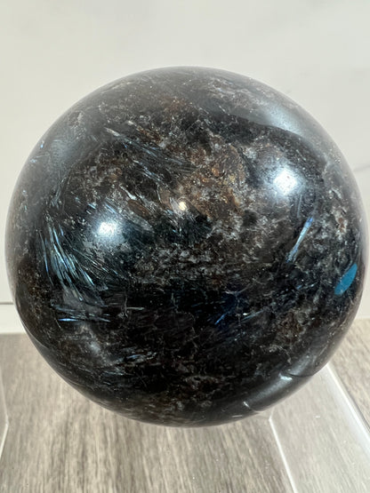 Arfvedsonite Crystal Sphere. 70mm. Flashy Blue Fireworks Jasper Sphere. Large Display Sphere With Great Flash