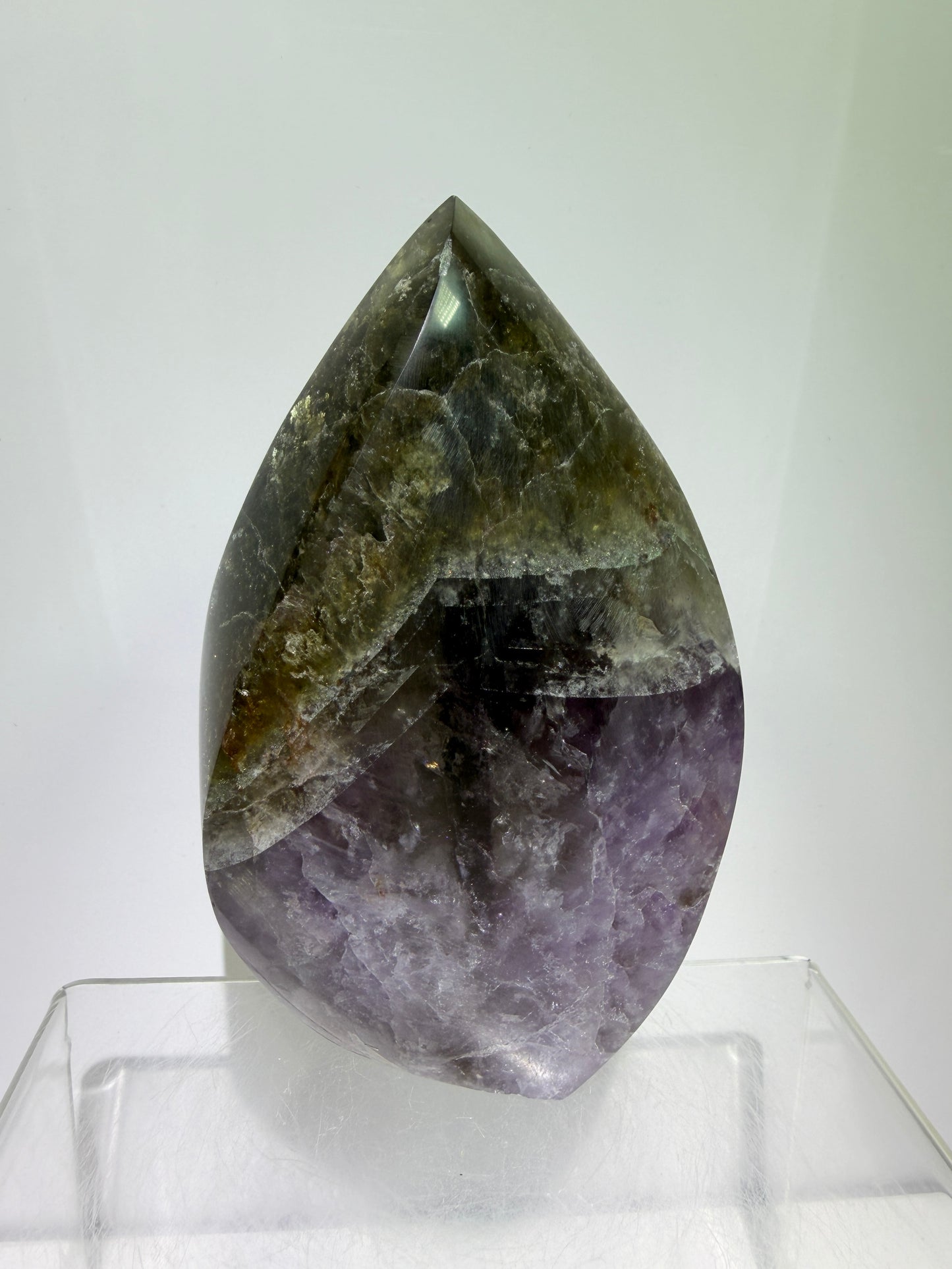 Amethyst Cacoxenite Flame. Stunning Purple Smoky Amethyst Polished Flame From Brazil. Beautiful Amethyst Display Crystal