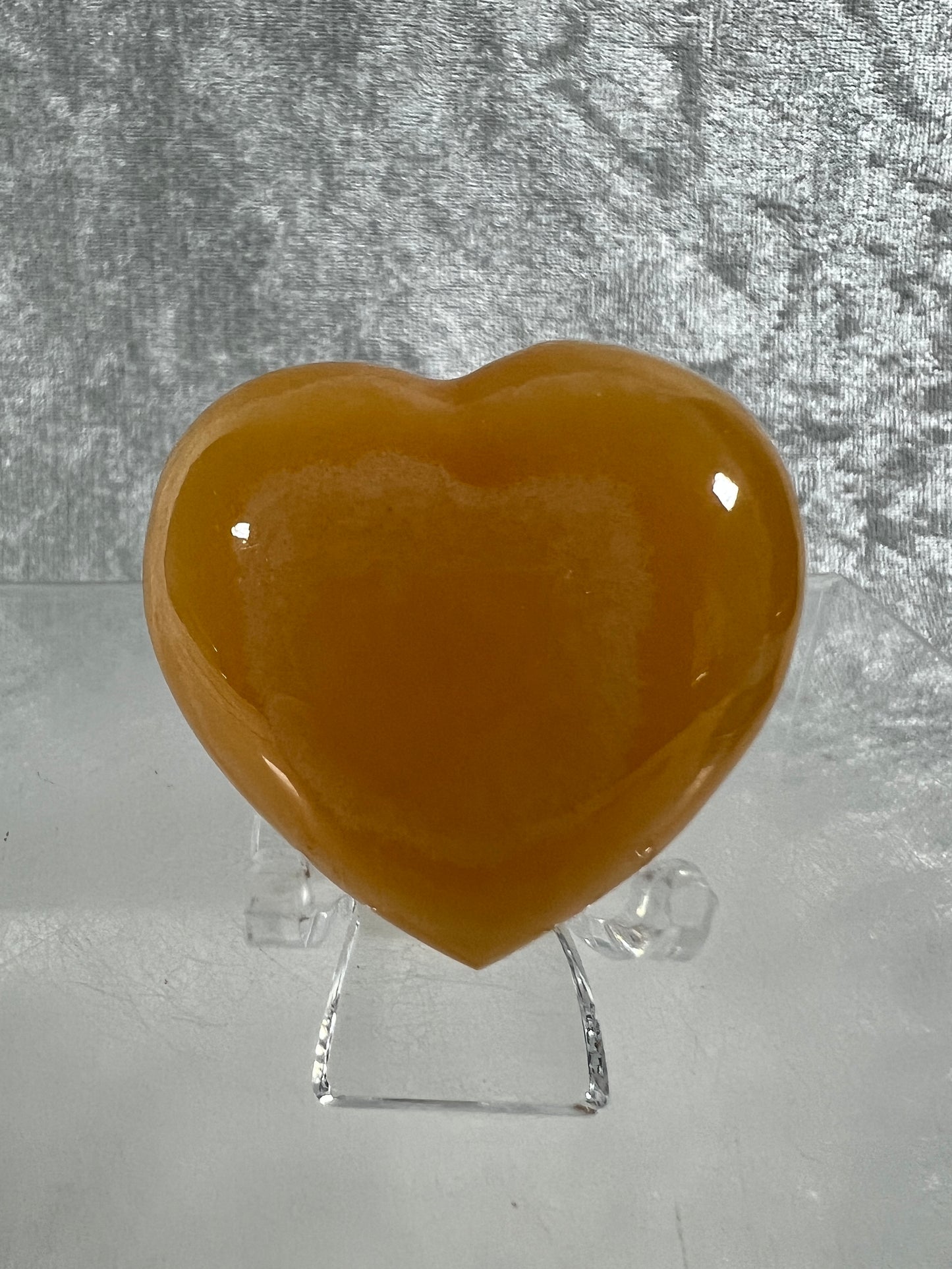 Orange Calcite Heart Carving. Very Pretty Calcite Carving From Mexico. Stand Included