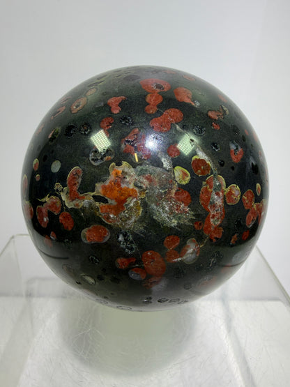 Plum Blossom Jade Sphere: 72mm. Gorgeous Large Display Sphere. Beautiful Color Contrast
