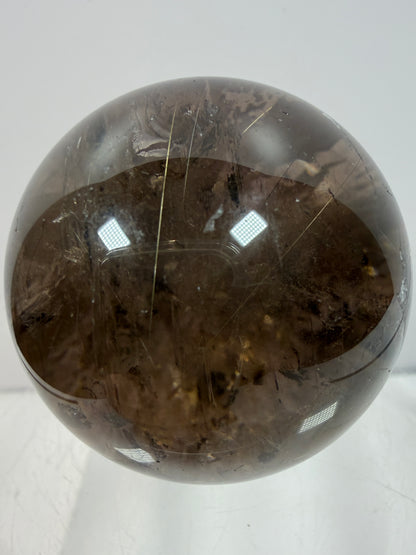 Rutile Quartz Sphere. 47mm. Unique Smoky Quartz With Stunning Golden Rutile Inclusions.