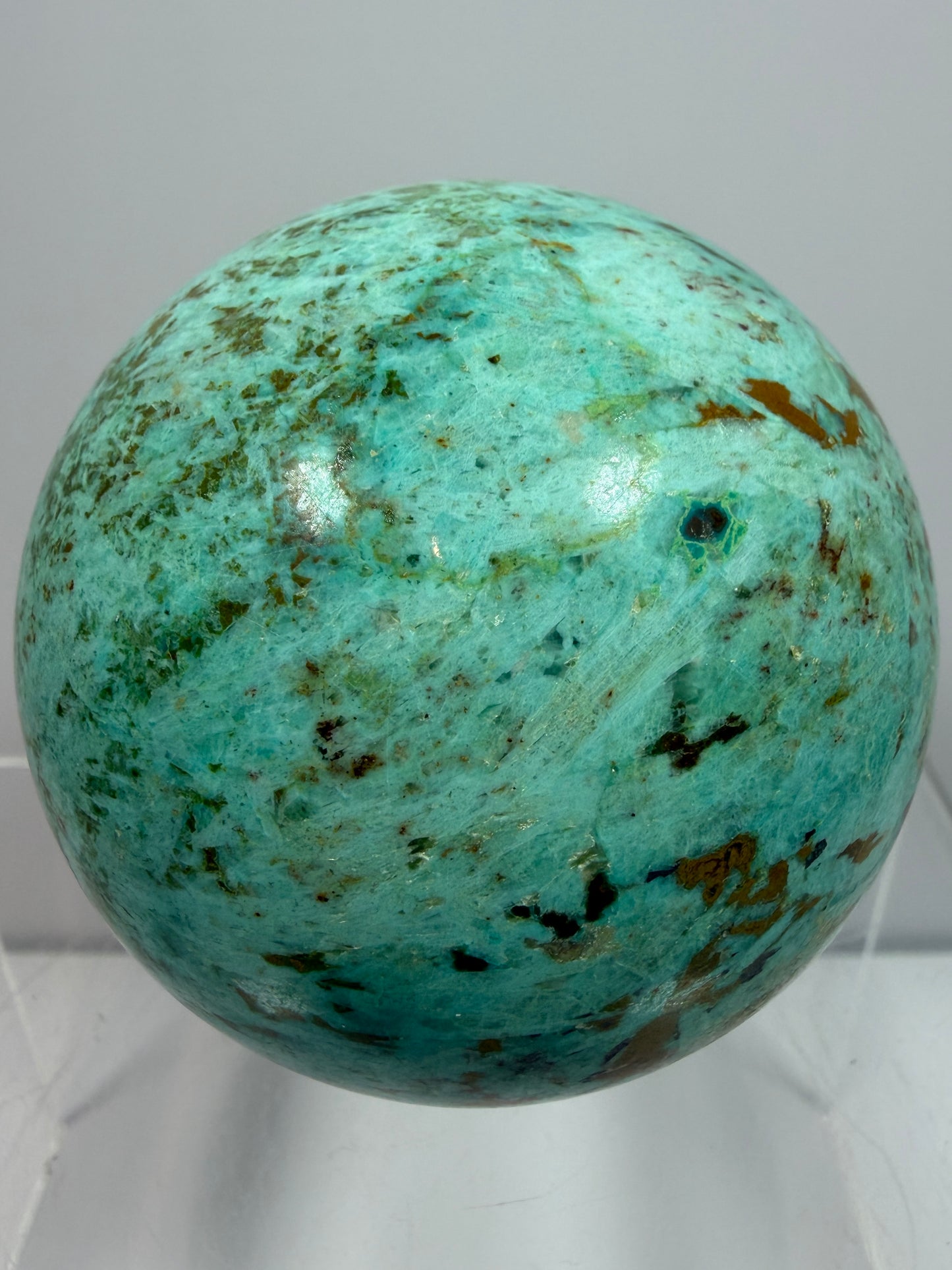 Chrysocolla Crystal Sphere. 65mm. Very Rare Blue-Green Colors From Peru. Gorgeous High Quality Collectors Sphere