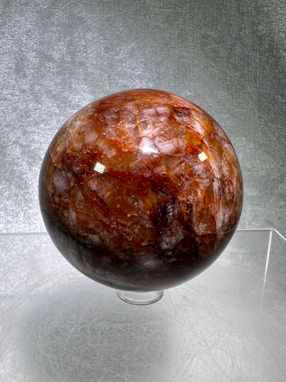 Fire Quartz Sphere. 63mm. Gorgeous Flash And Crystallization. High Quality Hematoid Crystal From Madagascar.