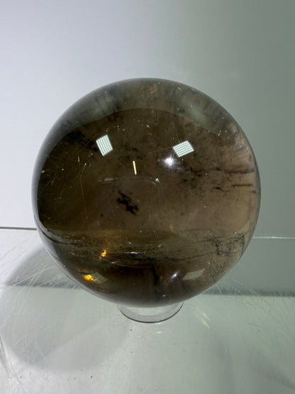 Rutile Quartz Sphere. 46mm. Unique Smoky Quartz With Stunning Golden Rutile Inclusions.