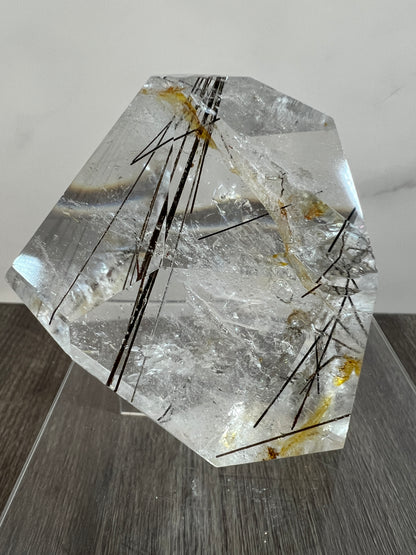 Tourmalinated Quartz Polished Freeform. Amazing Black Tourmaline, Golden Healer, And Large Rainbows.