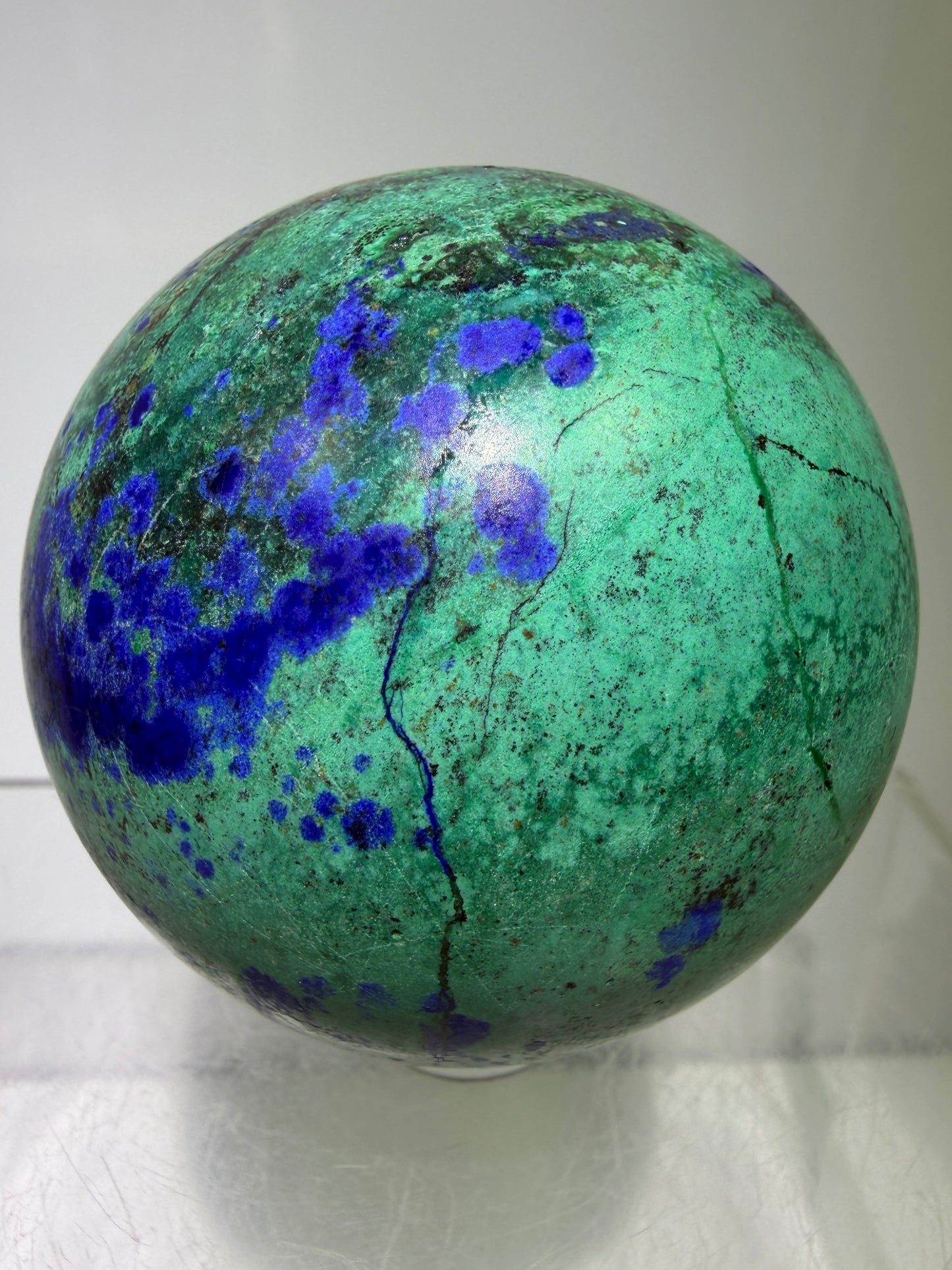 Azurite and Malachite Crystal Sphere. 56mm. Beautiful Deep Colors And Patterns. Stunning Rare Display Piece!