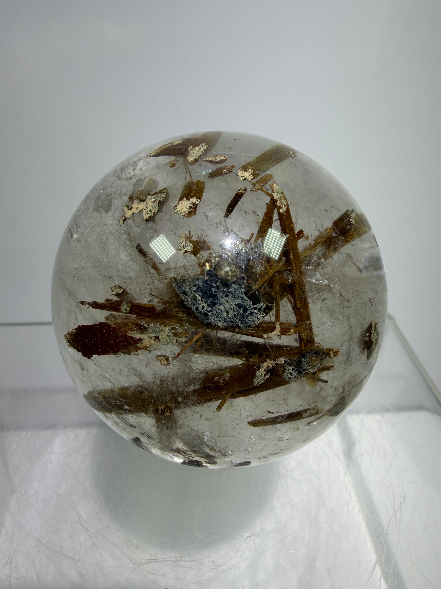 Tourmaline Quartz Sphere. Rare Tourmaline Sphere With Rainbows. Tourmalinated Quartz Display Crystal