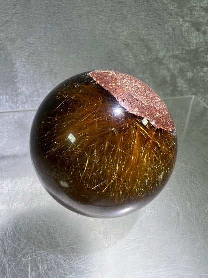 Rutile Quartz Sphere. Gorgeous Dark Smoky Quartz With Garden And Golden Rutile Inclusions. Amazing Rare Sphere!
