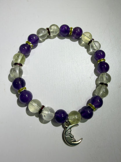 Amethyst And Citrine Crystal Bead Bracelet. 8mm. High Quality Bracelet With Amazing Spacers And Moon Charm.