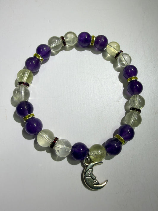 Amethyst And Citrine Crystal Bead Bracelet. 8mm. High Quality Bracelet With Amazing Spacers And Moon Charm.
